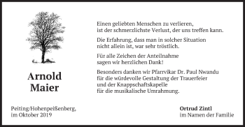 Todesanzeige von Arnold Maier von merkurtz
