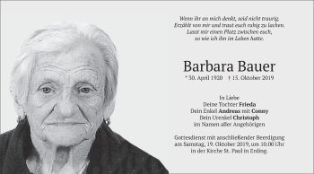 Todesanzeige von Barbara Bauer von merkurtz