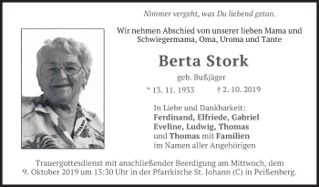 Todesanzeige von Berta Stork von merkurtz