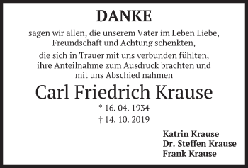 Todesanzeige von Carl Friedrich Krause von merkurtz