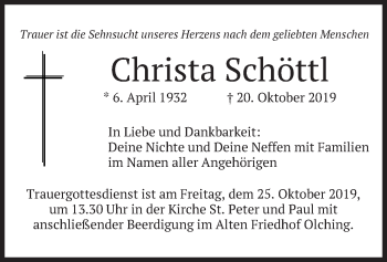 Todesanzeige von Christa Schöttl von merkurtz