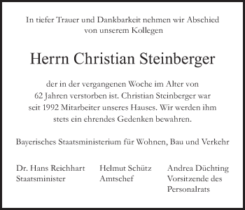 Todesanzeige von Christian Steinberger von merkurtz