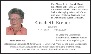 Todesanzeige von Elisabeth Breuer von merkurtz