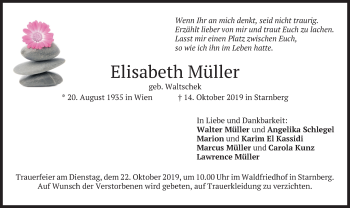 Todesanzeige von Elisabeth Müller von merkurtz