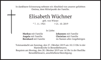 Todesanzeige von Elisabeth Wüchner von merkurtz
