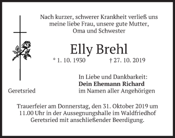 Todesanzeige von Elly Brehl von merkurtz