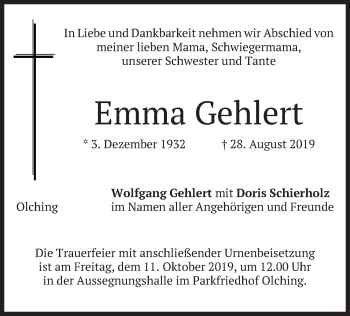 Todesanzeige von Emma Gehlert von merkurtz
