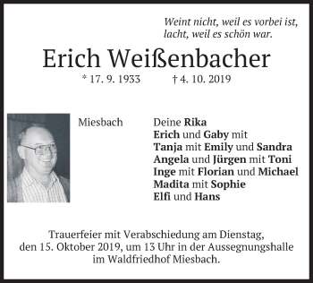 Todesanzeige von Erich Weißenbacher von merkurtz