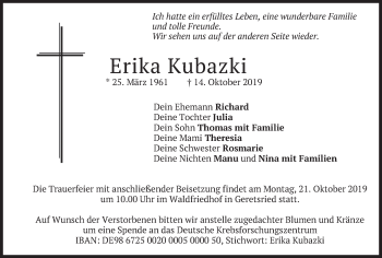 Todesanzeige von Erika Kubazki von merkurtz