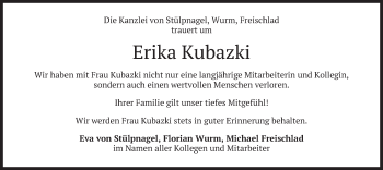 Todesanzeige von Erika Kubazki von merkurtz