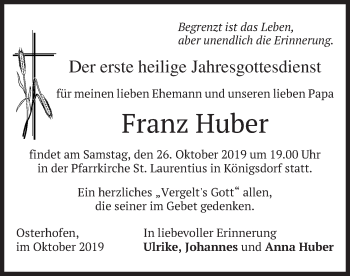 Todesanzeige von Franz Huber von merkurtz