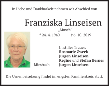 Todesanzeige von Franziska Linseisen von merkurtz