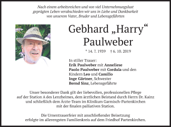 Todesanzeige von Gebhard Paulweber von merkurtz