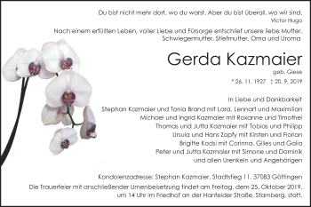 Todesanzeige von Gerda Kazmaier von merkurtz