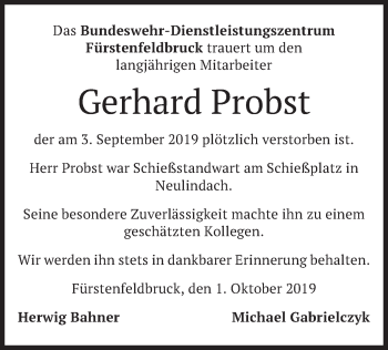 Todesanzeige von Gerhard Probst von merkurtz