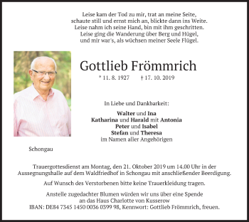 Todesanzeige von Gottlieb Frömmrich von merkurtz