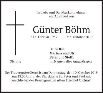 Todesanzeige von Günter Böhm von merkurtz