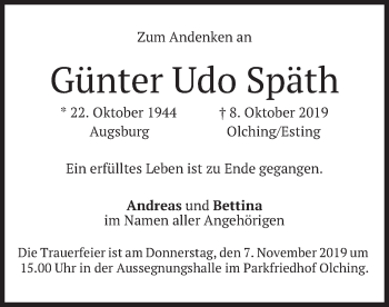 Todesanzeige von Günter Udo Späth von merkurtz
