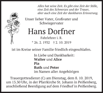 Todesanzeige von Hans Dorfner von merkurtz