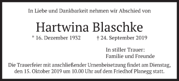 Todesanzeige von Hartwina Blaschke von merkurtz