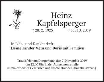 Todesanzeige von Heinz Kapfelsperger von merkurtz