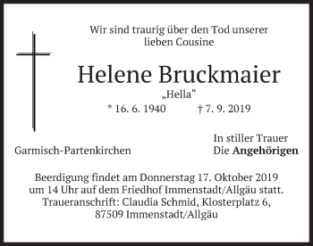 Todesanzeige von Helene Bruckmaier von merkurtz