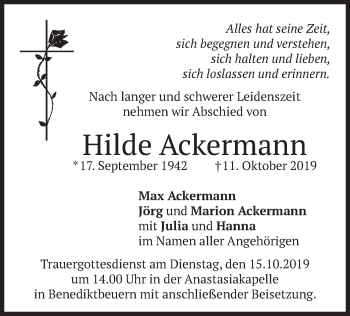 Todesanzeige von Hilde Ackermann von merkurtz