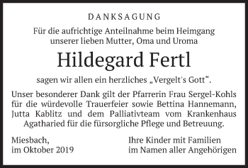 Todesanzeige von Hildegard Fertl von merkurtz