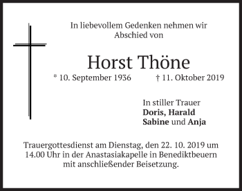 Todesanzeige von Horst Thöne von merkurtz