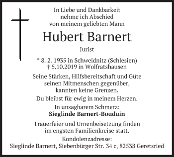 Todesanzeige von Hubert Barnert von merkurtz
