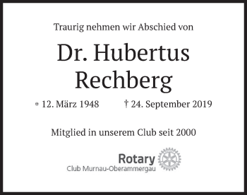 Todesanzeige von Hubertus Rechberg von merkurtz