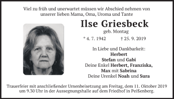 Todesanzeige von Ilse Griesbeck von merkurtz