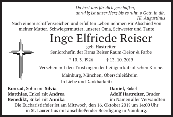 Todesanzeige von Inge Elfriede Reiser von merkurtz