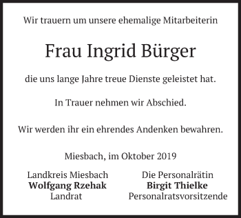 Todesanzeige von Ingrid Bürger von merkurtz