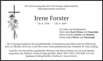 Todesanzeige von Irene Forster von merkurtz