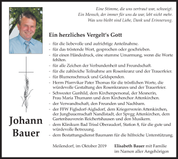 Todesanzeige von Johann Bauer von merkurtz