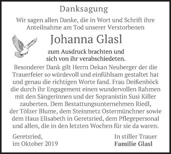 Todesanzeige von Johanna Glasl von merkurtz
