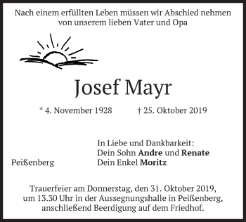 Todesanzeige von Josef Mayr von merkurtz