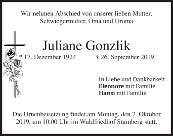 Todesanzeige von Juliane Gonzlik von merkurtz