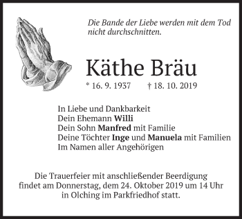 Todesanzeige von Käthe Bräu von merkurtz