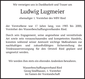 Todesanzeige von Ludwig Lugmeier von merkurtz