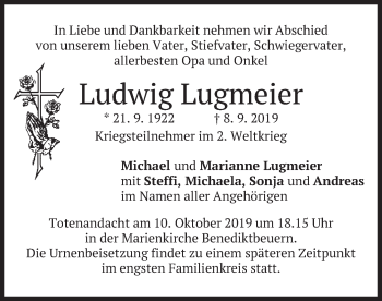 Todesanzeige von Ludwig Lugmeier von merkurtz