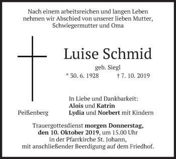 Todesanzeige von Luise Schmid von merkurtz