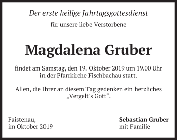 Todesanzeige von Magdalena Gruber von merkurtz
