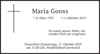 Todesanzeige von Maria Gooss von merkurtz