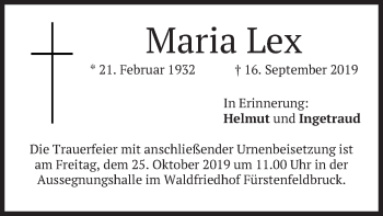 Todesanzeige von Maria Lex von merkurtz