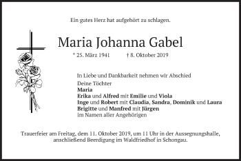 Todesanzeige von Maria Johanna Gabel von merkurtz