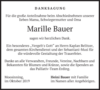 Todesanzeige von Marille Bauer von merkurtz