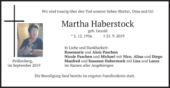 Todesanzeige von Martha Haberstock von merkurtz