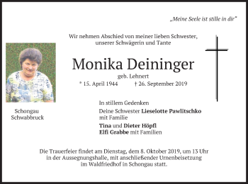 Todesanzeige von Monika Deininger von merkurtz
